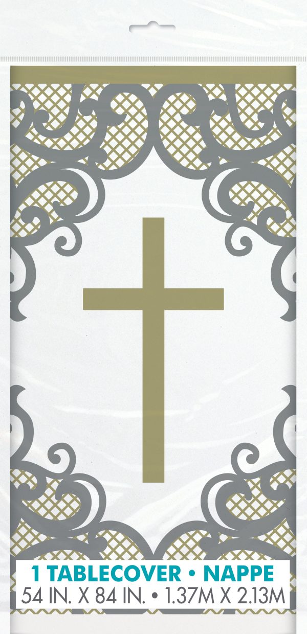 Fancy Gold Cross Rectangular Plastic Table Cover, 54  x 84 , 1ct Cheap