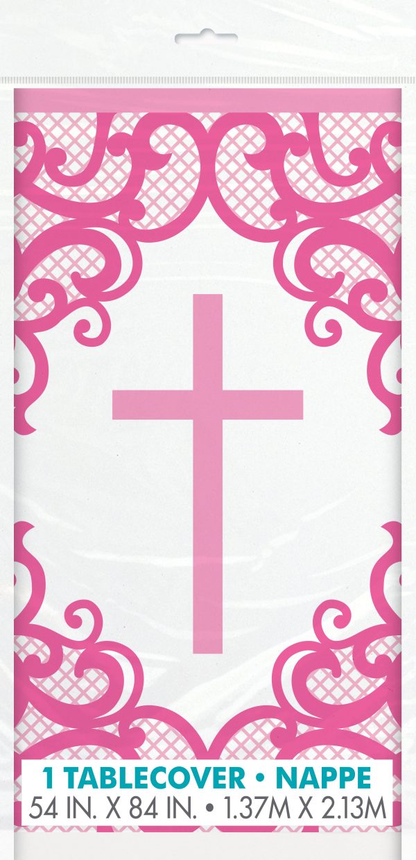 Fancy Pink Cross Rectangular Plastic Table Cover, 54  x 84 , 1ct For Discount